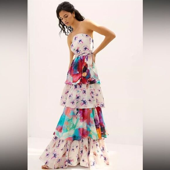 NWT ANTHROPOLOGIE Nidhi Yasha Guinevere Watercolor Strapless Tiers Maxi Dress 4 - Picture 1 of 3